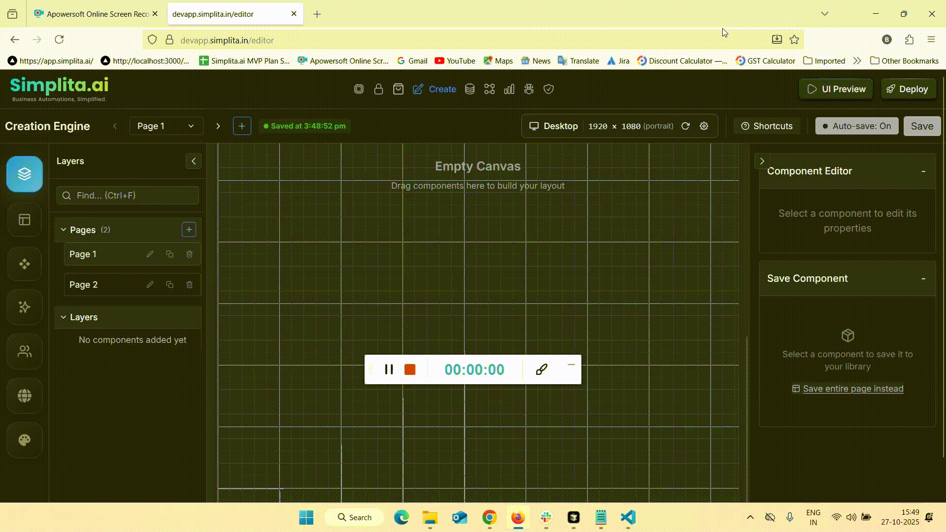 Creation Engine interface showing modular builder with navigator and components