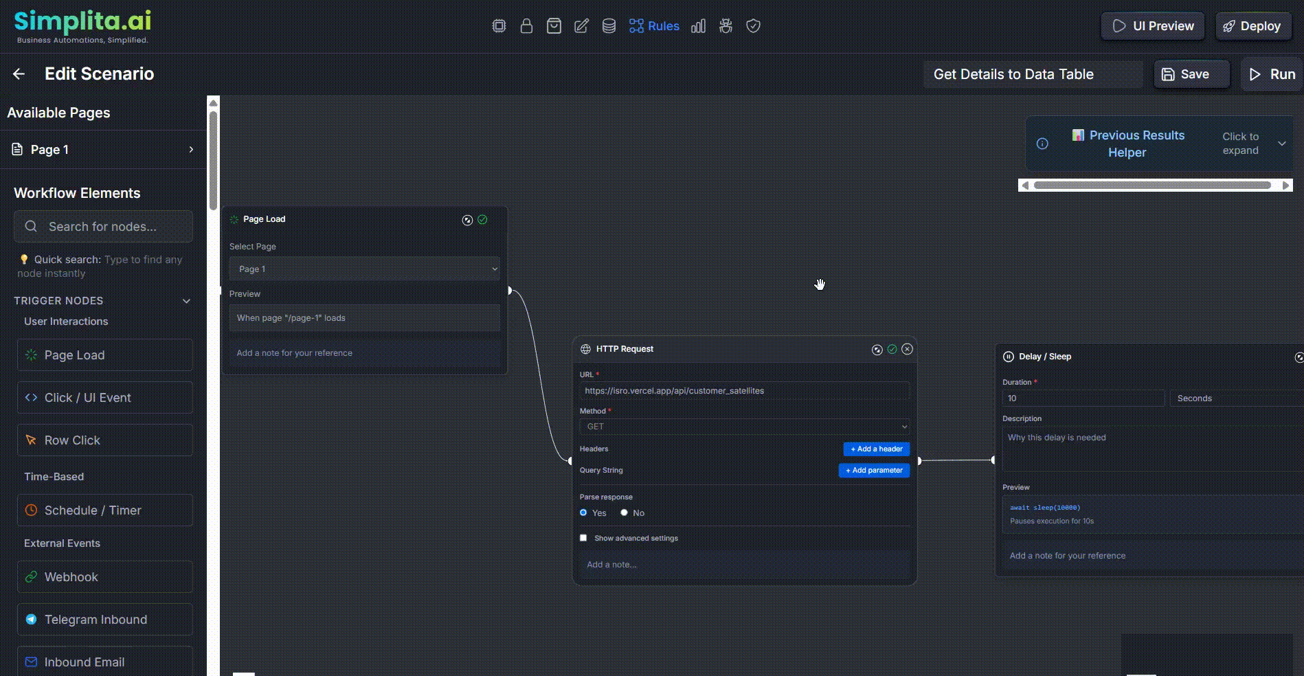 Automation Engine interface showing workflow diagram with nodes and connections